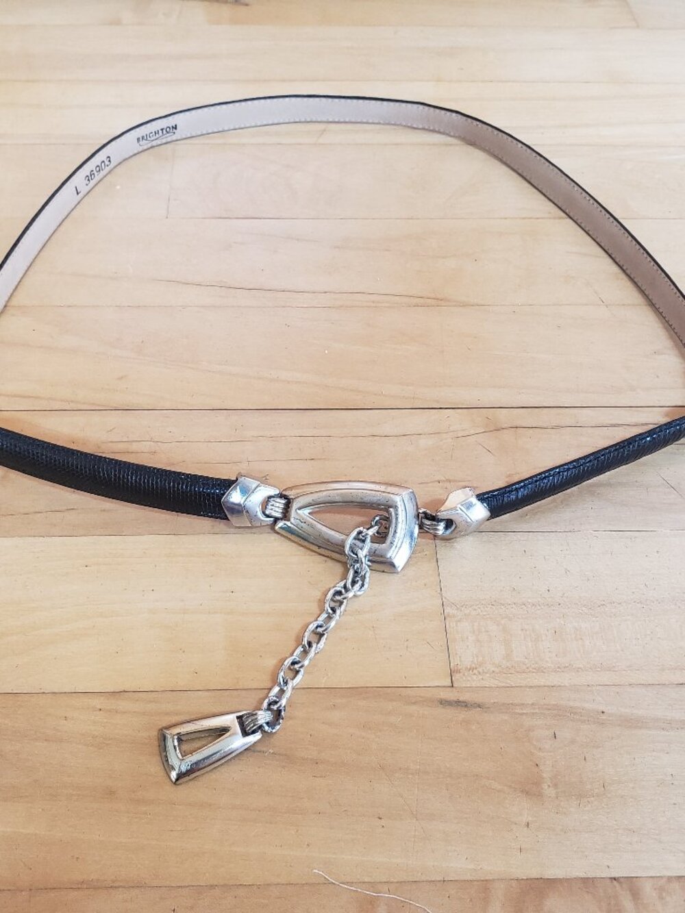 Brighton Black Croc Embossed Belt Silver Triangle Clasp Chain Sz Large